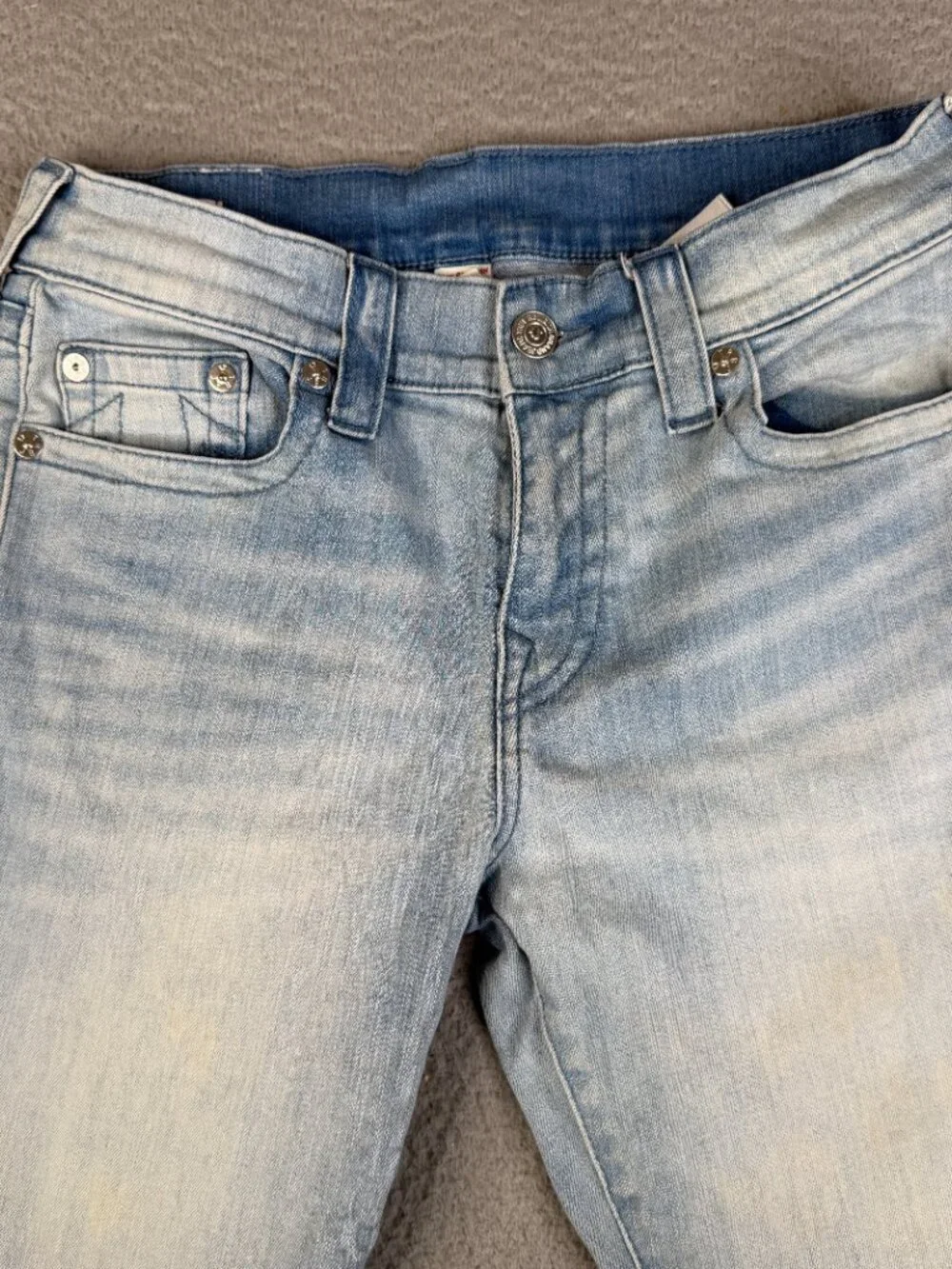 TRUE RELIGION Ricky Relaxed Straight Jeans Blue Yellow Horseshoe Stitch Mens 31